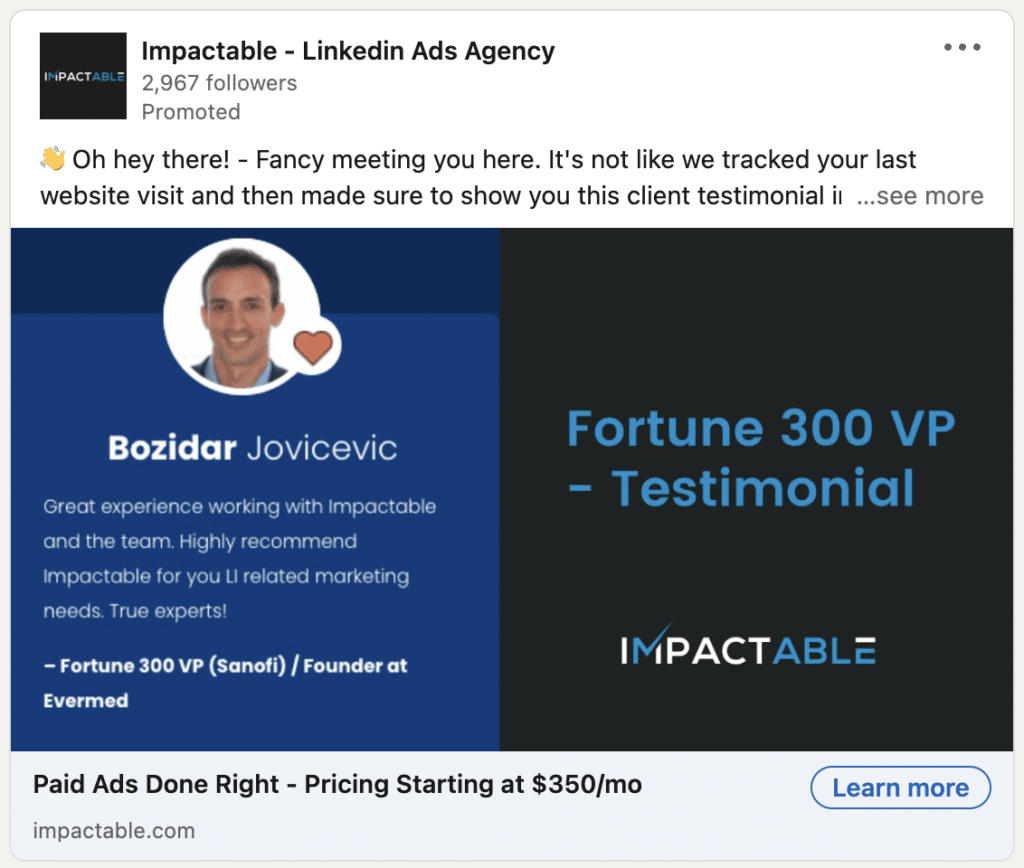 using testimonials in LinkedIn ads