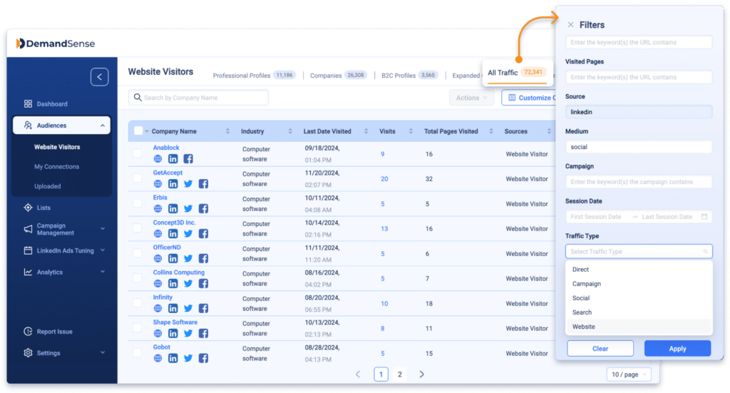 filter visitors by sources