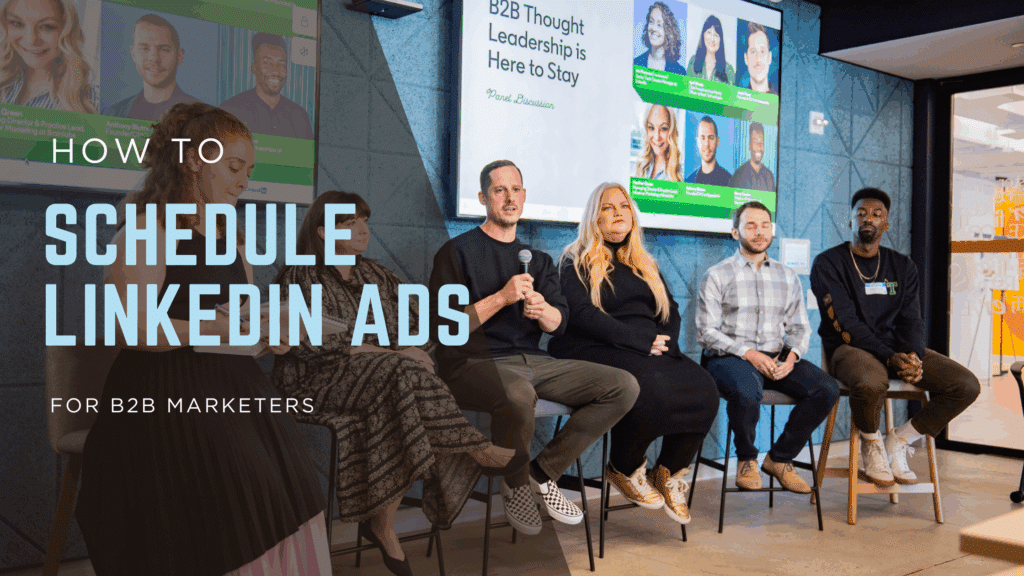 Illustration showing B2B marketers using DemandSense to schedule and automate LinkedIn ads, with graphs, calendar UI, and platform comparison highlighting its advantages over Metadata, Smartly.io, and native LinkedIn Ads.